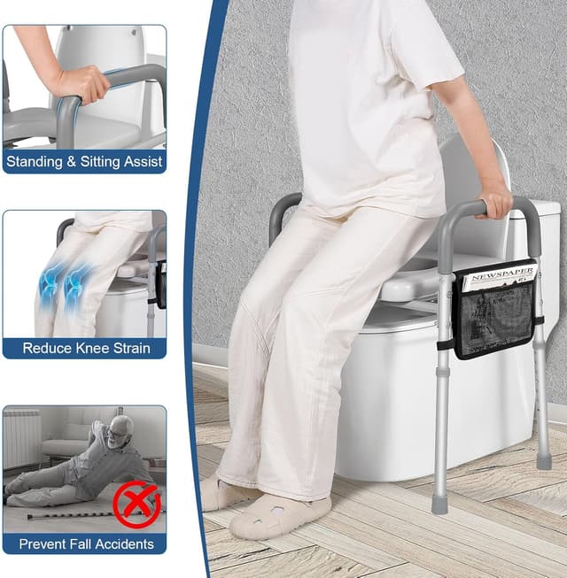 Detalle de LOLLIDO rehausseur de siège de toilette réglable à poignées, avec pochette de rangement (7 hauteurs)