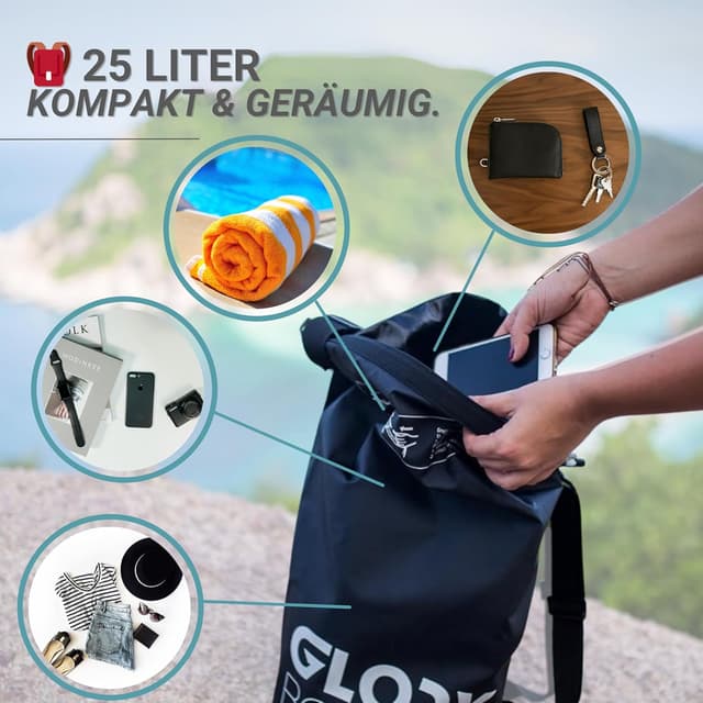 Detalle de Glory Boards Dry Bag 25L – wasserdichter Rucksack & Schwimmtasche für SUP, Kajak & Outdoor – gelb