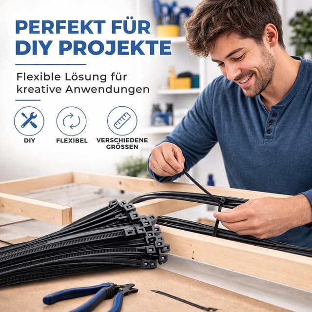 Detalle de 100x Kabelbinder schwarz Set (kurz & lang) – reißfest, UV-beständig, diverse Längen 120 mm x 2,5 mm