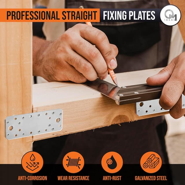 Detalle de OMIDEAS 10 Pack Flat Joining Plates (140 x 55 x 2mm) galvanised steel perforated connector plates