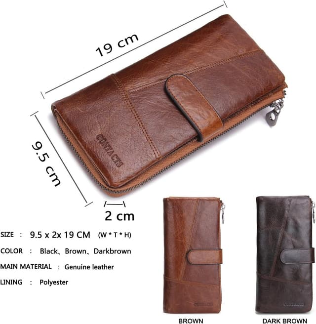 Detalle de Contacts Genuine Leather Long Wallet for Men – Zipper Purse with 12 Card Slots