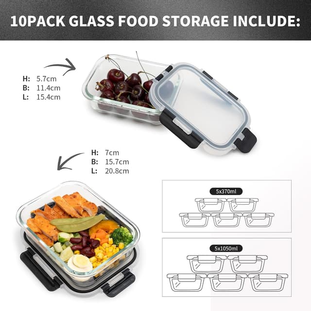 Detalle de S SALIENT 5-pack glass storage containers with lids (borosilicate), airtight & leakproof, BPA-free