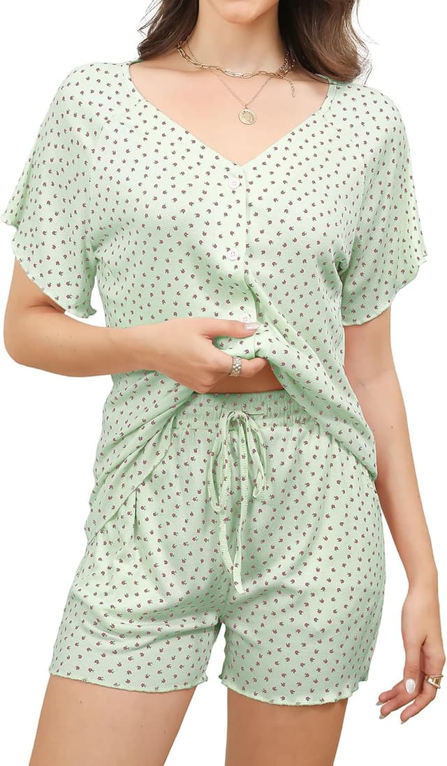 Detalle de Reliwel Damen-Schlafanzug Kurzarm mit Knopfleiste aus Baumwolle – V-Ausschnitt Shorty-Set mit Taschen