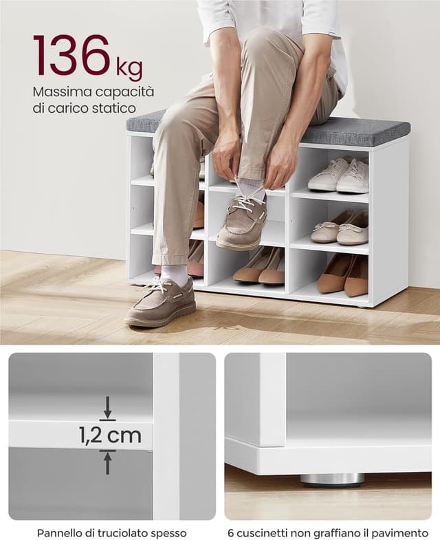Detalle de VASAGLE LHS009W14 panca scarpiera con seduta imbottita e 9 scomparti, bianco e grigio