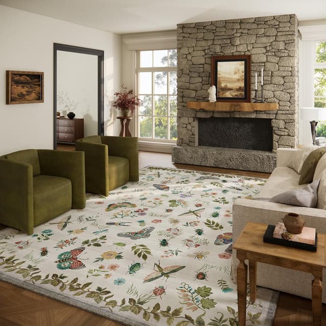 Detalle de Washable 9x12 Area Rug for Living Room, Low Pile Vintage Style (Stain-Resistant, Non-Slip)