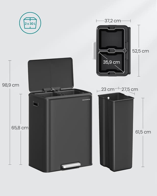 Detalle de SONGMICS LTB566B02 – Poubelle de cuisine double 2 x 30 L avec pédale, fermeture douce et seaux intérieurs