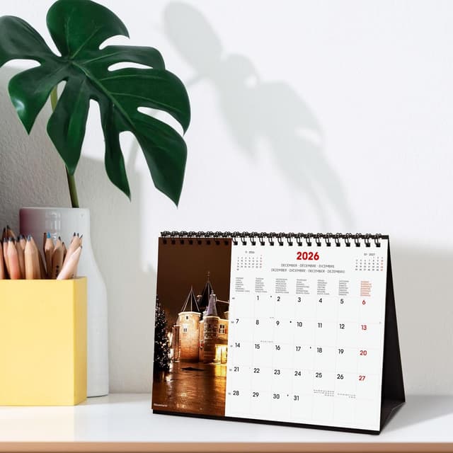 Detalle de Finocam Tischkalender 2026 Monatsansicht (Jan–Dez 2026 + Sep–Dez 2025 reduziert) mit mehrsprachigem Inhalt