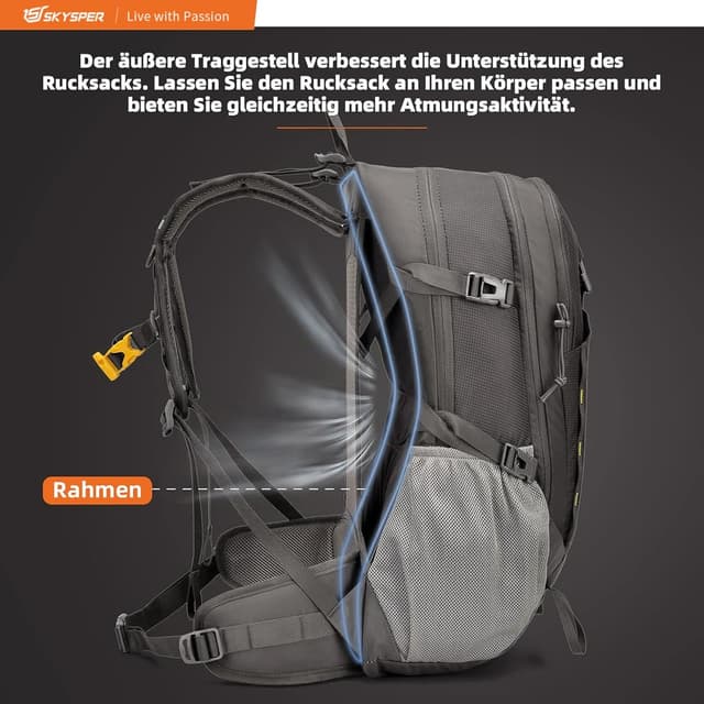 Detalle de SKYSPER Wanderrucksack 30L – Trekkingrucksack wasserfest mit Rückenbelüftung, Hüftgurt und Netzrücken
