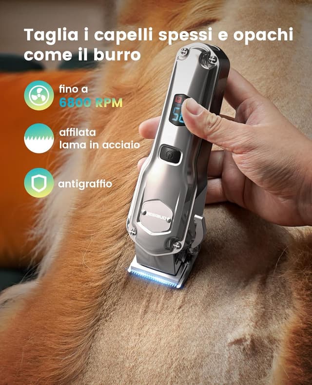 Detalle de oneisall 4 in 1 Tosatrice per cani (pelo folto/denso), silenziosa, tagliaunghie e limatrice, batteria fino a 4 ore