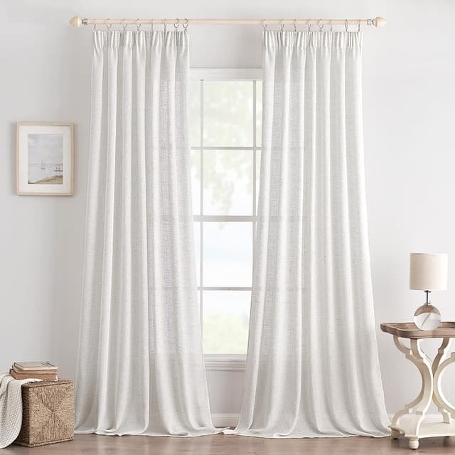 Detalle de EMEMA Gardinen Vorhänge Leinenvorhang mit Kräuselband, halbtransparent, reinweiß – 2er-Set 140 x 260 cm