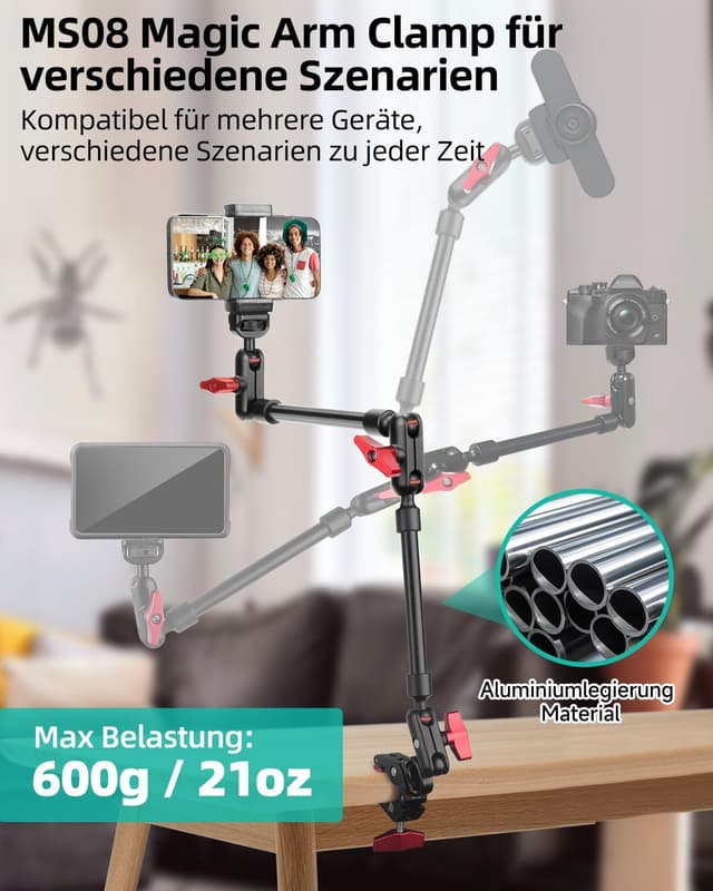 Detalle 2 de JEBUTU 56 cm Magic Arm mit Super Clamp, 360° flexibler Tischhalter mit 1/4"-Gewinde – schwarz/rot