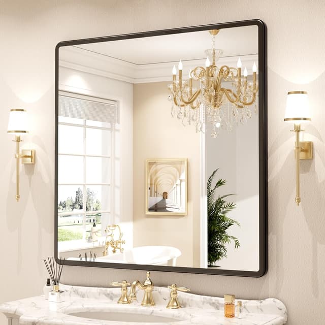 Detalle de pertetey 36x36 Inch Black Metal Frame Bathroom Mirror (Tempered Glass, Wall Mounted)