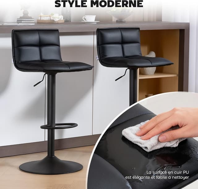 Detalle 2 de HOMCOM Lot de 2 tabourets de bar réglables avec assise pivotante en PU, dossier et repose-pieds (noir)