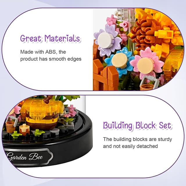 Detalle de Mini Animals Flower Building Set (588 pcs) – Butterflies, Bees & Flowers Blocks with Transparent Cover