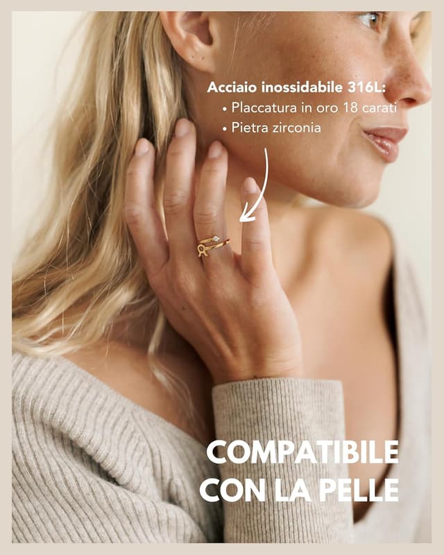 Detalle de GD GOOD.designs Anello zodiacale da donna placcato in oro 18K con zirconi, regolabile (misure 52-60) e impermeabile