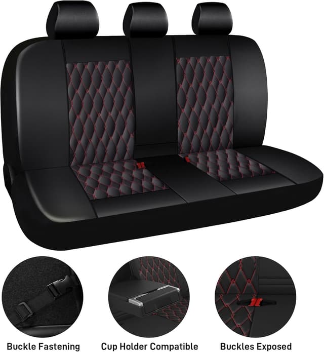 Detalle de CAROMOP Faux Leather Car Seat Covers Full Set (Split Bench Compatible, Airbag Compatible) — 5-Seat Black/Red