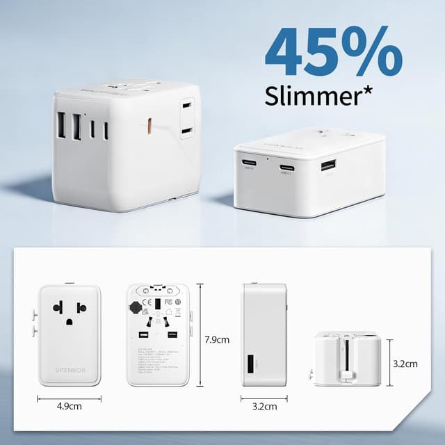 Detalle de UPXNBOR Ultra-flacher Reiseadapter 2026 mit 1× USB-A und 2× USB-C (weltweit)