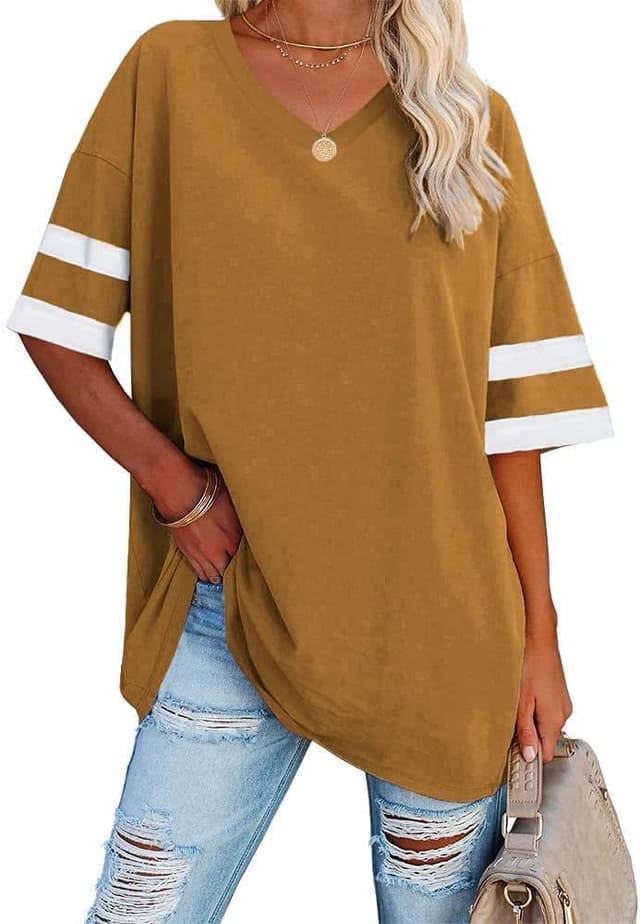 Detalle de Ebifin Damen Oversize-T‑Shirt mit V-Ausschnitt und Kurzarm – lockere Basic Sommertee