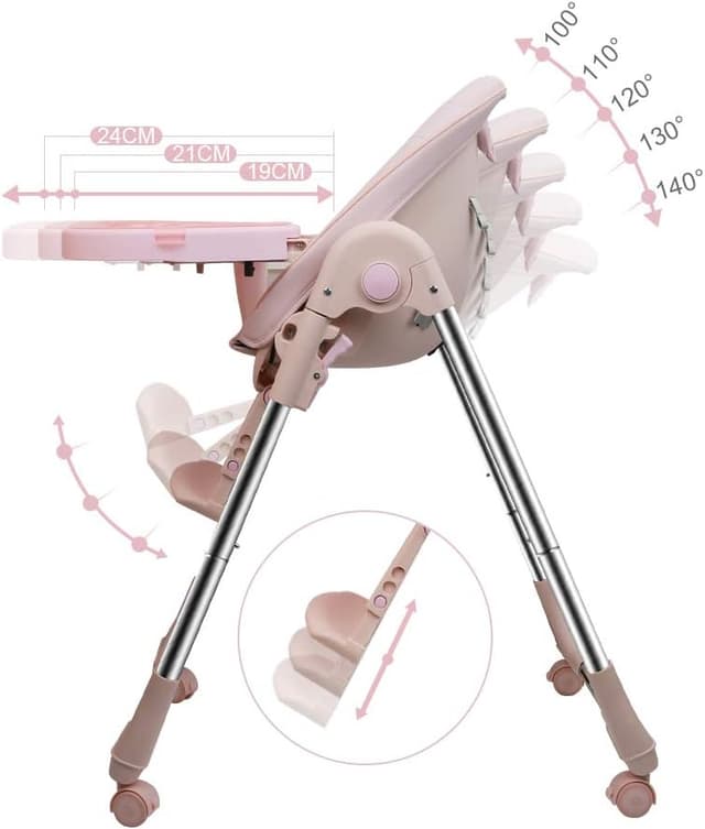Detalle de OUNUO Chaise Haute Enfant évolutive pliable avec roues et réglages (rose)