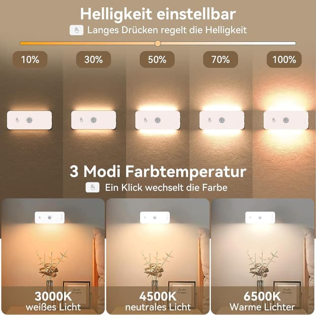 Detalle 2 de WUYOR Nachtlicht mit Bewegungsmelder für Treppe & Flur, wiederaufladbar, 3 Farbtemperaturen (3er-Set)