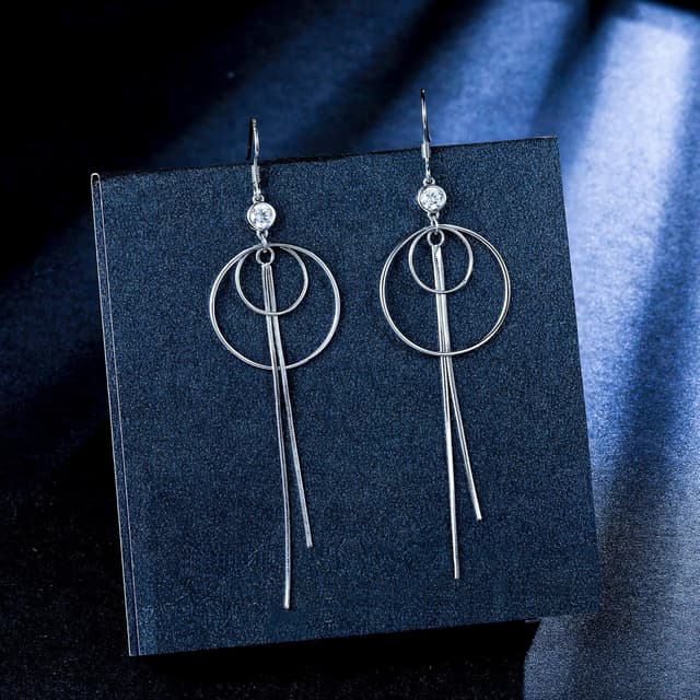 Detalle de Lydreewam lange Quasten-Ohrhänger aus 925 Sterling Silber mit 3A Zirkonia und Kreis-Design