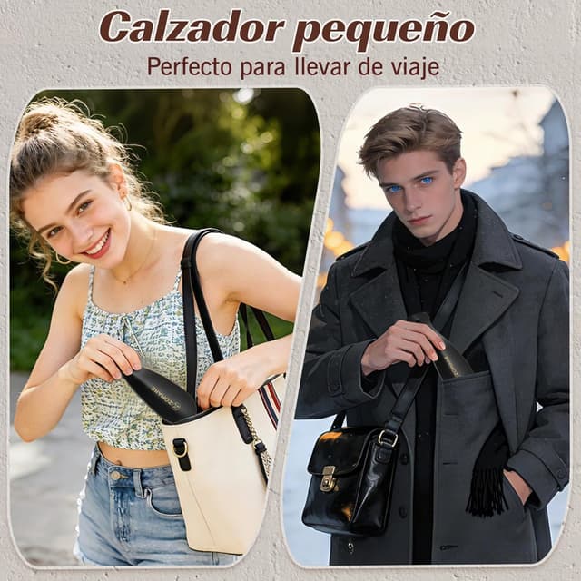 Detalle de ZOMAKE calzador de zapatos 2 piezas (42 cm y 19 cm) con mango de cuero, negro