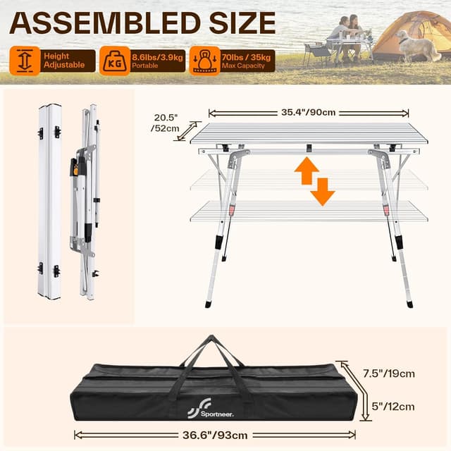 Detalle de Sportneer Tavolo da campeggio pieghevole 90×52 cm