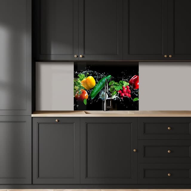 Detalle de KitchenYeah Küchenrückwand selbstklebend 60x80 cm (Spritzschutz, ohne Bohren) – Schwarz mit Glasoptik