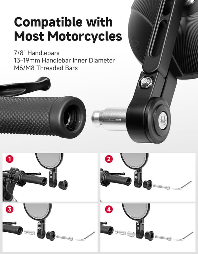 Detalle de Lot de 2 rétroviseurs moto KEMIMOTO CNC homologués E24, pivotants 360° pour guidon 22 mm