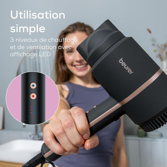 Detalle de Beurer HC 35 sèche-cheveux compact ionique 1600–2000 W noir/rose, embout concentrateur inclus