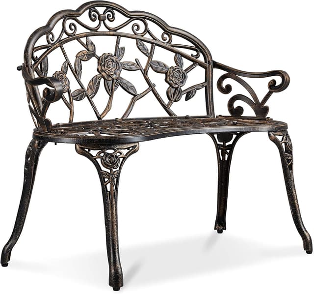 Detalle de Yaheetech Gartenbank Bronze – wetterfester Metall-Parkbank mit Rücklehne für 2 Personen