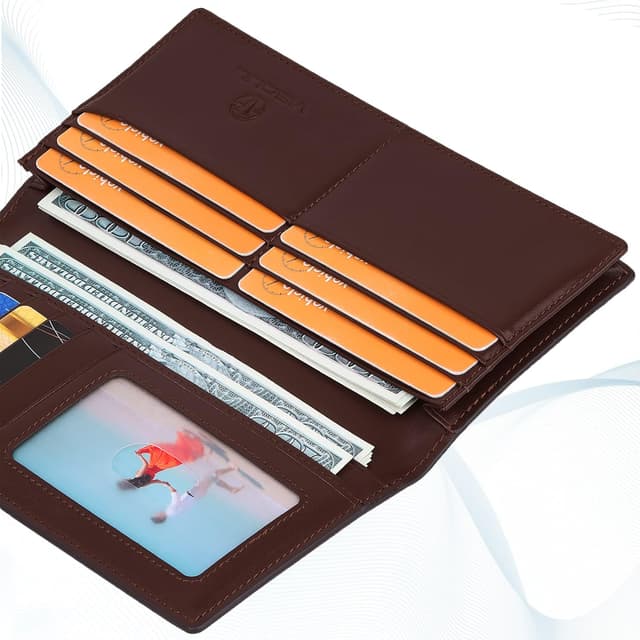 Detalle de VISOUL Portafoglio lungo in vera pelle da uomo con blocco RFID e 12 slot carte, marrone