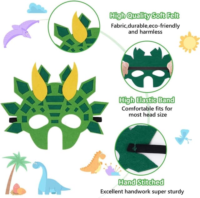 Detalle de AOMIG Maschere Bambini Feste dinosauro: set da 9 pezzi in feltro con bracciali per Halloween, carnevale e cosplay