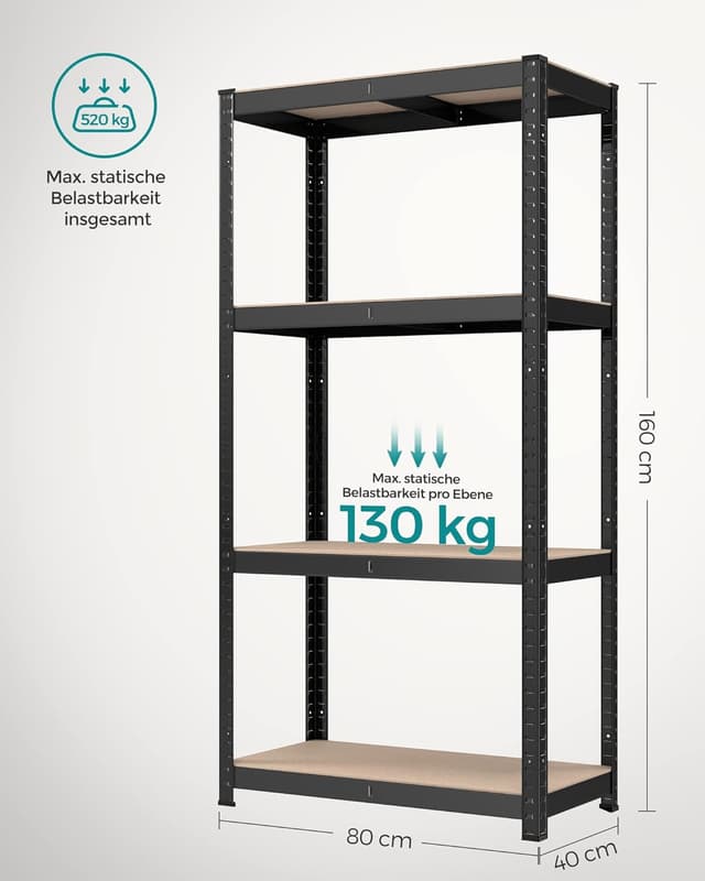 Detalle de SONGMICS Schwerlastregal-Set GLR044B02 (2er Set), 40 × 80 × 160 cm, Stahlgestell, 4 höhenverstellbare Ablagen