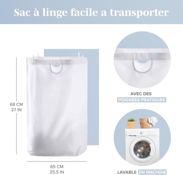 Detalle de LONBET 100L panier à linge avec couvercle et cadre en bambou, sac amovible et poignées latérales (gris clair)