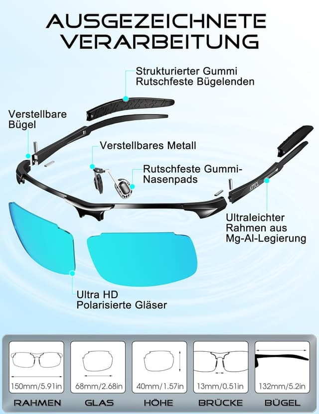 Detalle 2 de ATTCL Herren-Sonnenbrille polarisiert für Sport – UV400, leichter Wrap-Around-Alu-Mg-Rahmen
