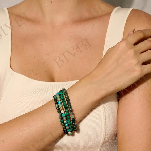 Detalle 2 de Bivei Perlenarmband für Frauen mit 6-mm Malachit – dehnbares Elastikband für Yoga & Geschenke