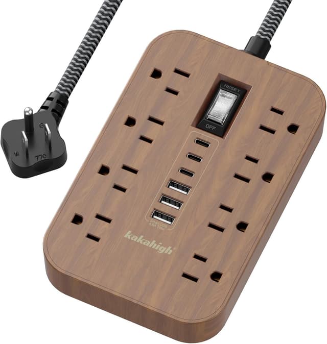 Detalle de Walnut Power Strip with USB Ports (5 ft) — Wood Extension Cord with 6 AC Outlets and 6 USB