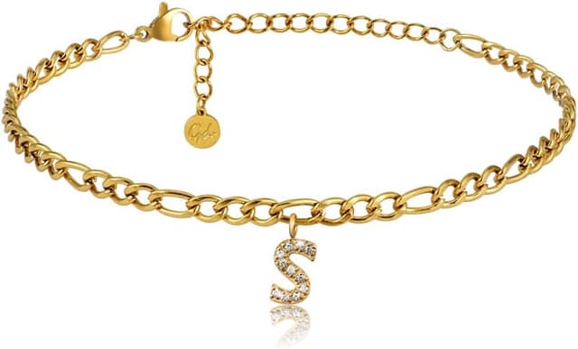 Detalle de GD GOOD.designs EST. 2015 bracelet de cheville en acier inoxydable doré 18K avec lettres, réglable 22–27 cm