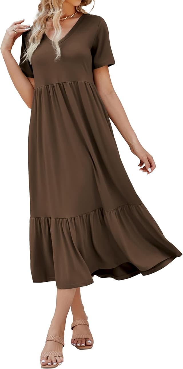 Detalle 2 de Women's 2026 Summer Short Sleeve V-Neck Swing Dress with Tiered Maxi Skirt and Pockets