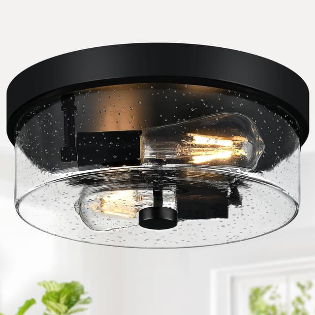 Detalle de Black 2-Light Flush Mount Ceiling Light Fixtures with Seeded Glass Shade (Farmhouse/Industrial Style)