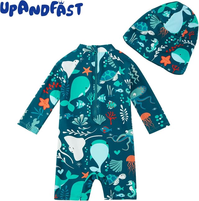 Detalle de upandfast Baby Jungen Badeanzug mit Sonnenhut UPF 50+ (langarm) und Reißverschluss