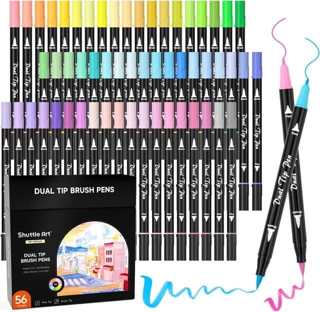 Detalle de Shuttle Art Pastel Brush Pens (56 colours) – Dual tip brush markers with fineliner for colouring, sketching and journaling