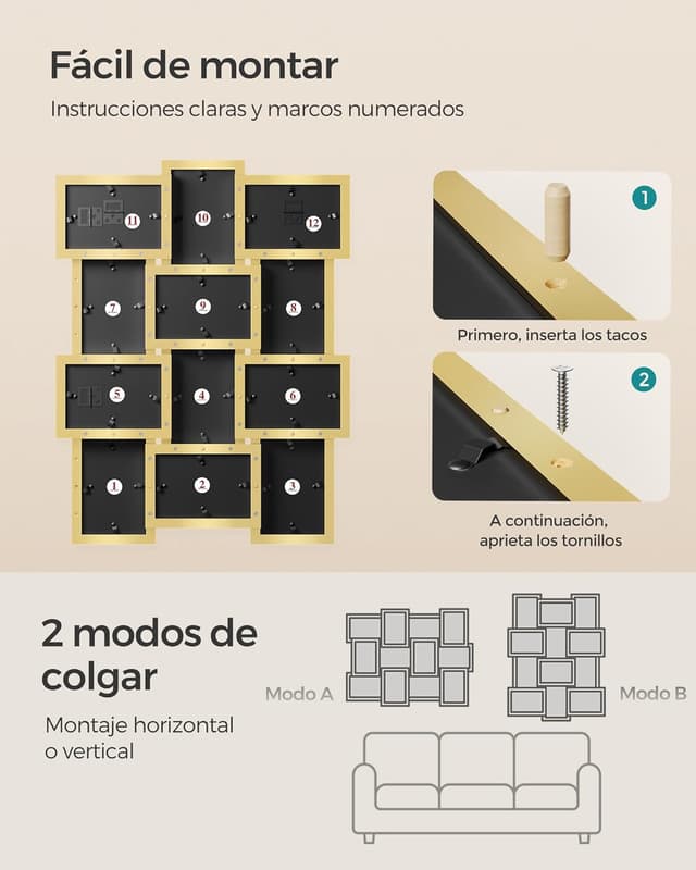 Thumbnail 5 de SONGMICS Collage de Marcos para Fotos, Pared, Dorado ✨