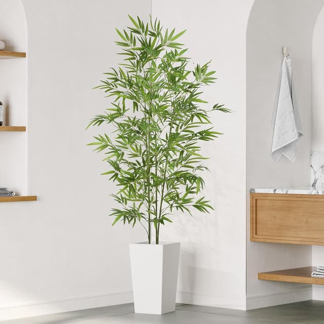 Detalle de YOLEO 6FT Artificial Bamboo Tree with White Tall Planter (180cm) – lifelike faux silk bamboo for indoor and balcony decor