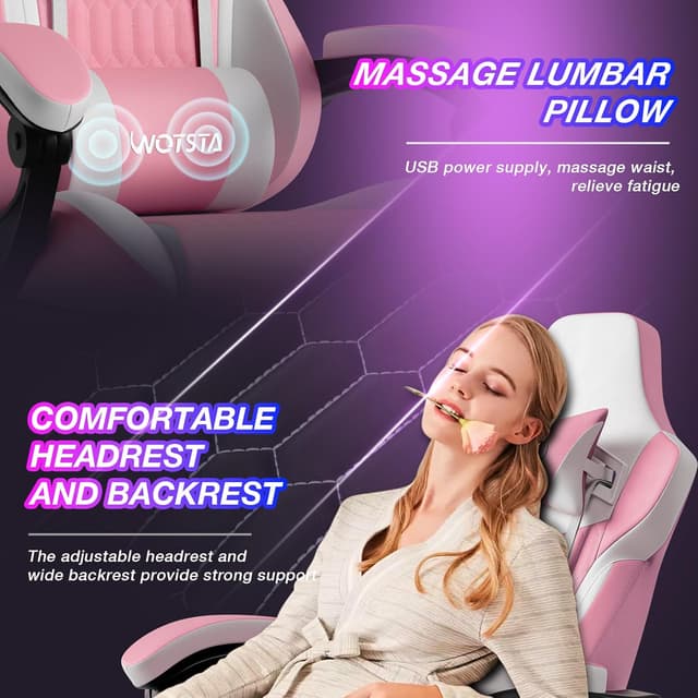 Thumbnail 6 de WOTSTA Gaming Chair with Footrest, Lumbar Support and 135° Recline (Pink White)