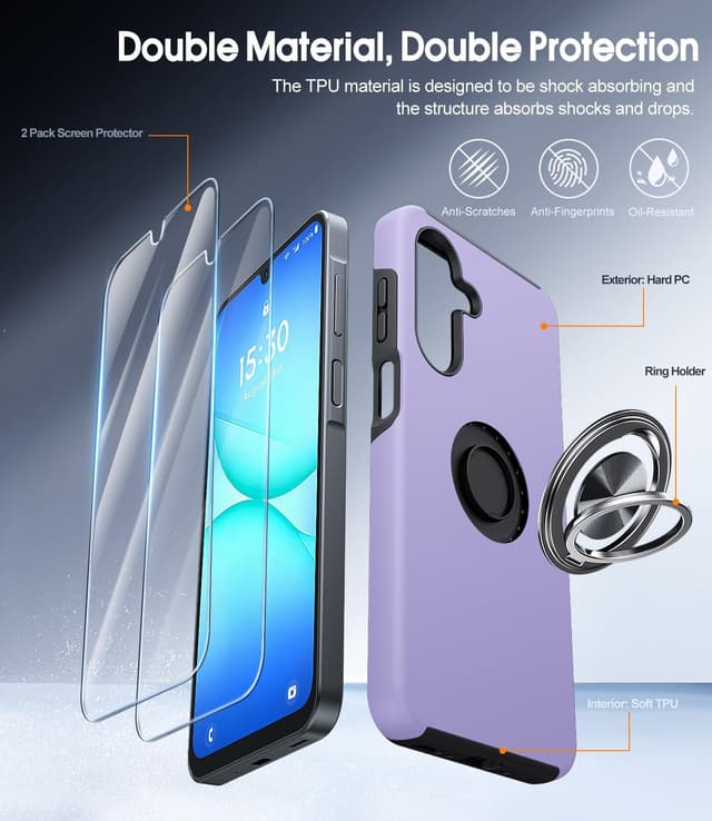 Detalle 2 de AOUIA Galaxy A17 Case (Purple) with 2-Pack Screen Protectors and 360° Ring Stand