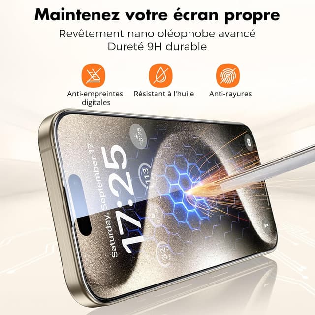 Detalle de iPhone 15 Pro verre trempé UNBREAKcable 9H