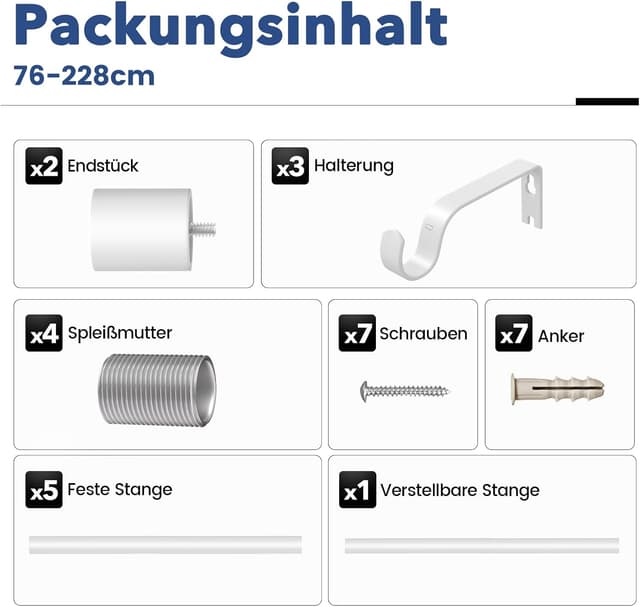 Thumbnail 6 de GEEBOBO Gardinenstange weiß, verstellbar 76–228 cm, 19 mm Durchmesser (für Schlafzimmer, Wohnzimmer & Küche)