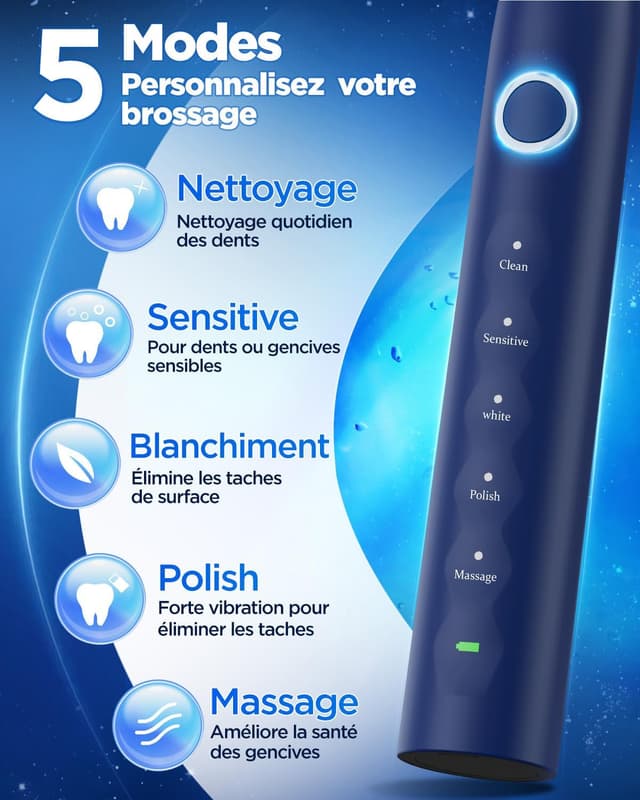 Detalle de Brosse à dent électrique sonique Soniques pour Homme (8 têtes) avec étui de voyage et 5 modes – Bleu foncé